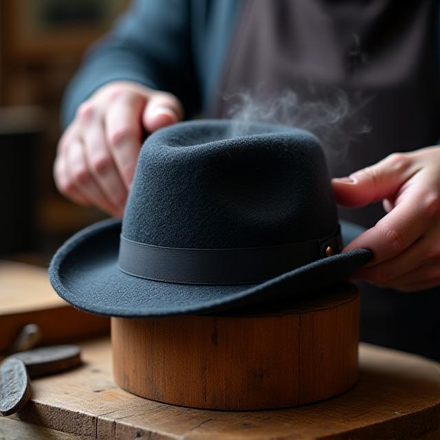 東京・神田の工房で帽子を仕上げる熟練職人の手元